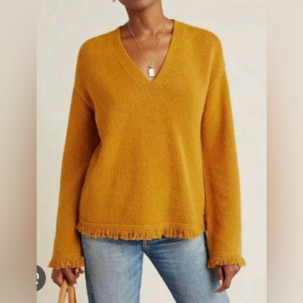Anthropologie Joy Fringe Hem V Neck Sweater
